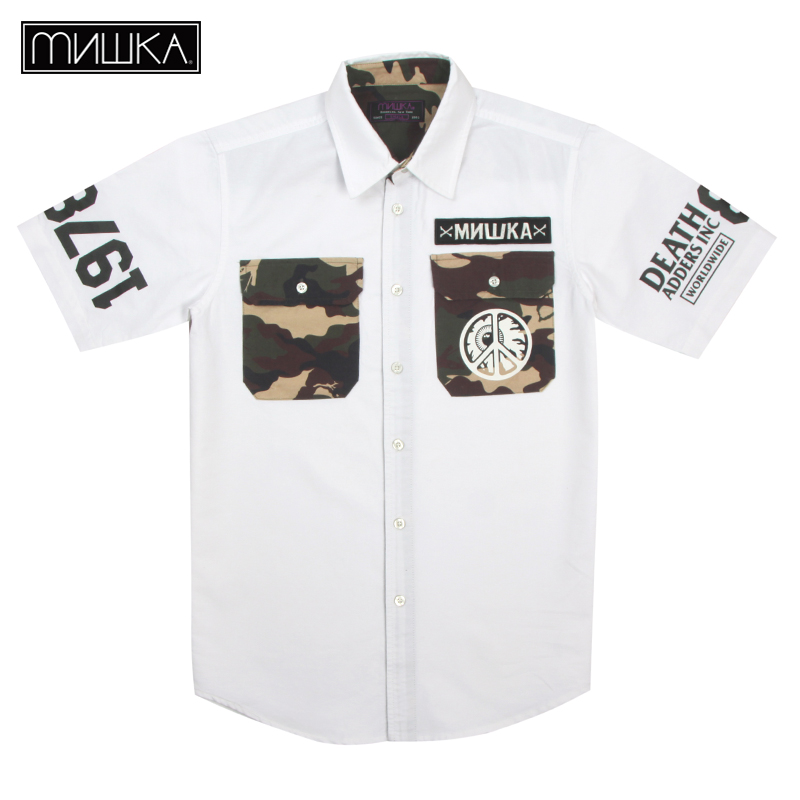 美国街头潮牌Mishka2015年新款男装 短袖开衫反战LOGO印花衬衫