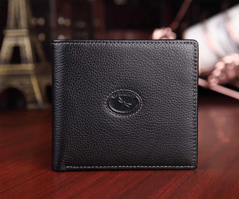 红蜻蜓男士横款多功能男人钱包短款钱夹子黑色横款男钱包真皮